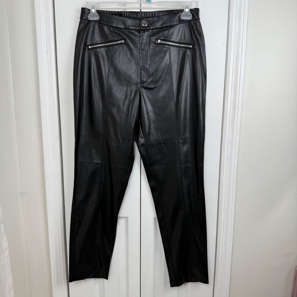 VERSONA‎ Black Faux Leather Moto Pants Elastic Waist Zip Pockets Size L